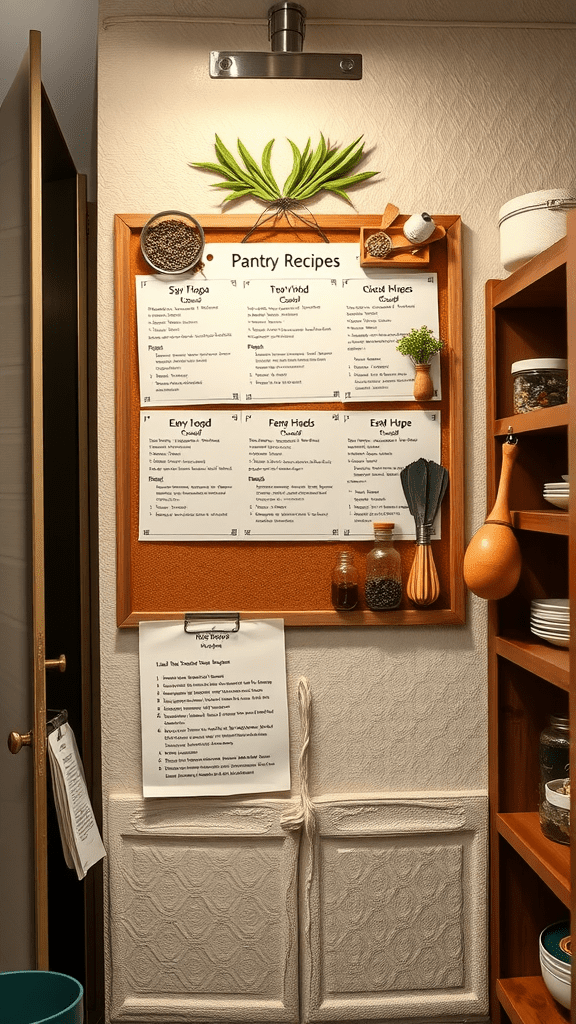 A cozy pantry with a recipe board and ingredients for cooking.