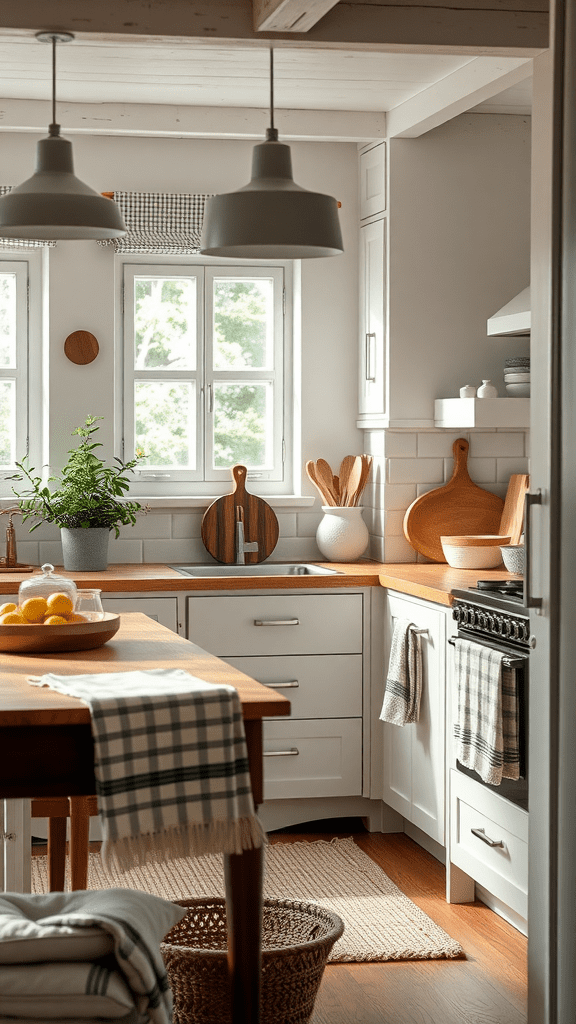 A warm and inviting kitchen with wooden elements and various textiles.