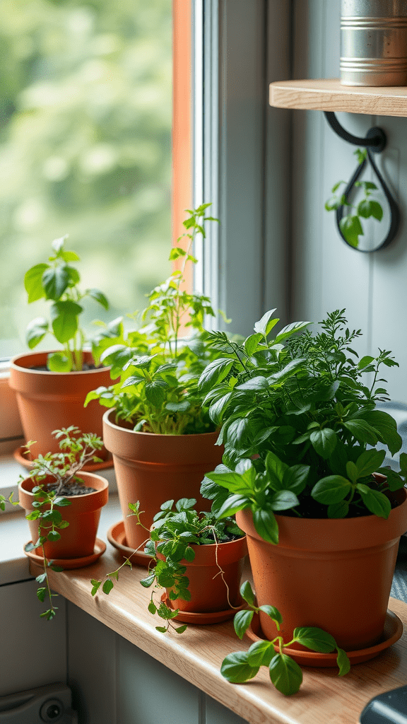 A variety of potted herbs arranged on a windowsill, showcasing lush greenery and vibrant leaves.