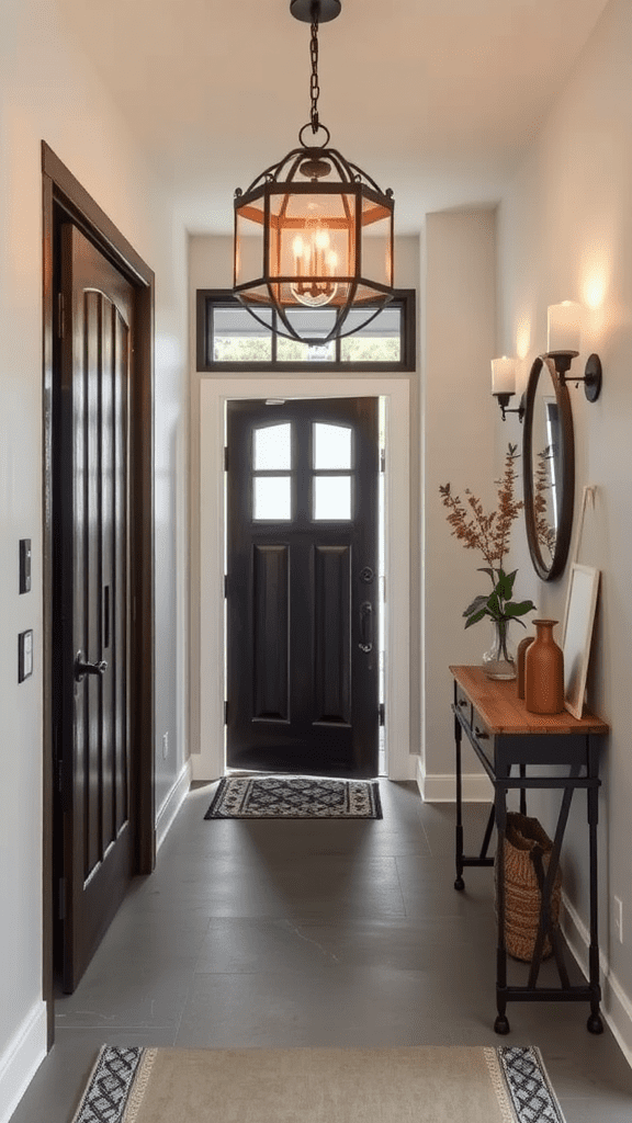 A stylish entrance featuring industrial elements like a metal light fixture and a wooden console table.