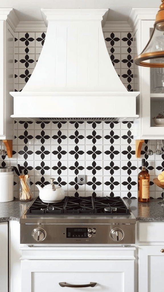 Modern kitchen featuring metal sheets as a backsplash with a stove and decorative plants.