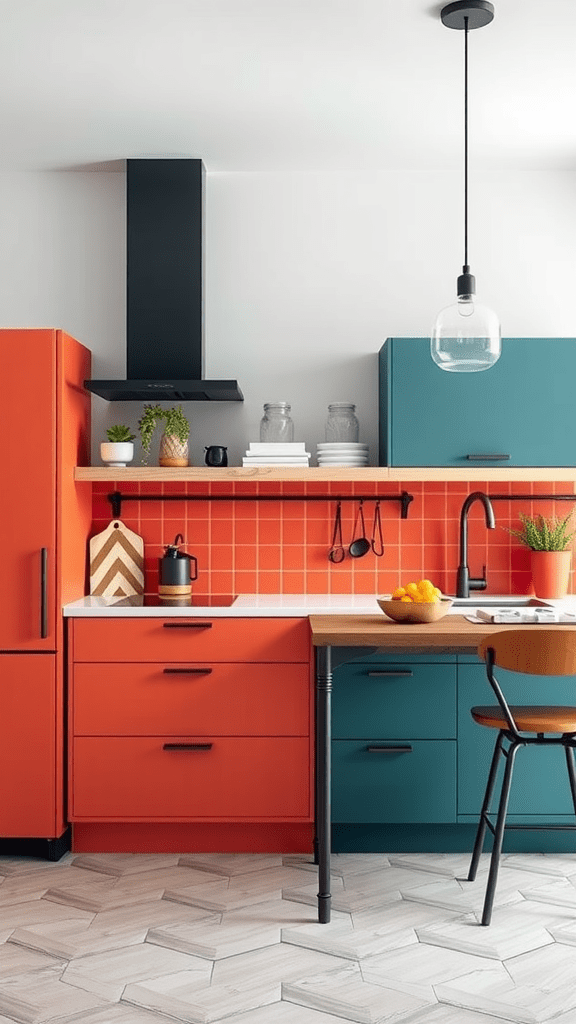 A modern kitchen featuring color blocking with orange and teal cabinets.