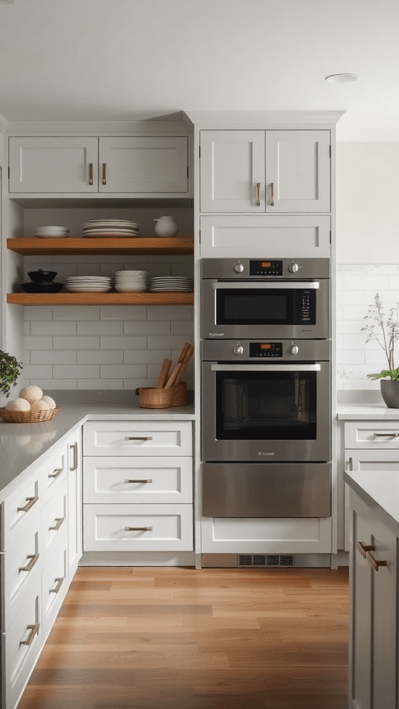 Stylish farmhouse kitchen featuring integrated appliances in cabinets.