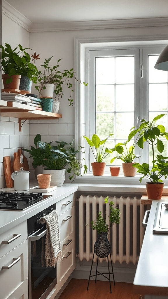 A cozy kitchen filled with various indoor plants by the window and on shelves.