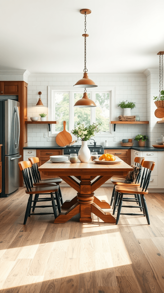 A bright and inviting kitchen with a large wooden table, black and wooden chairs, and large windows.