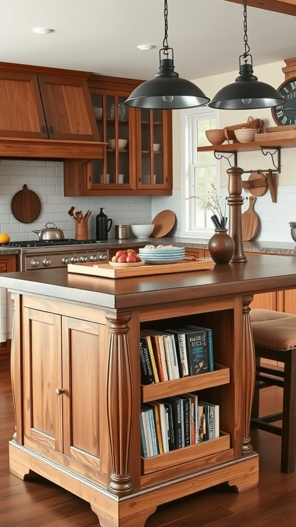 A wooden kitchen island featuring a built-in cookbook holder, surrounded by various kitchen items.