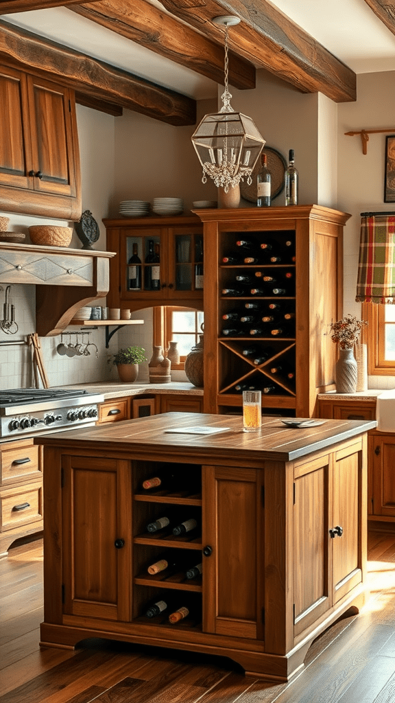 A wooden kitchen island featuring a built-in wine rack and a drink on top.