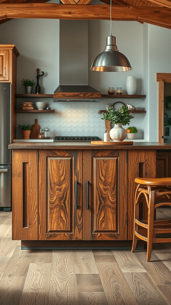 A kitchen island featuring decorative wood grain, with a modern design and light fixtures.