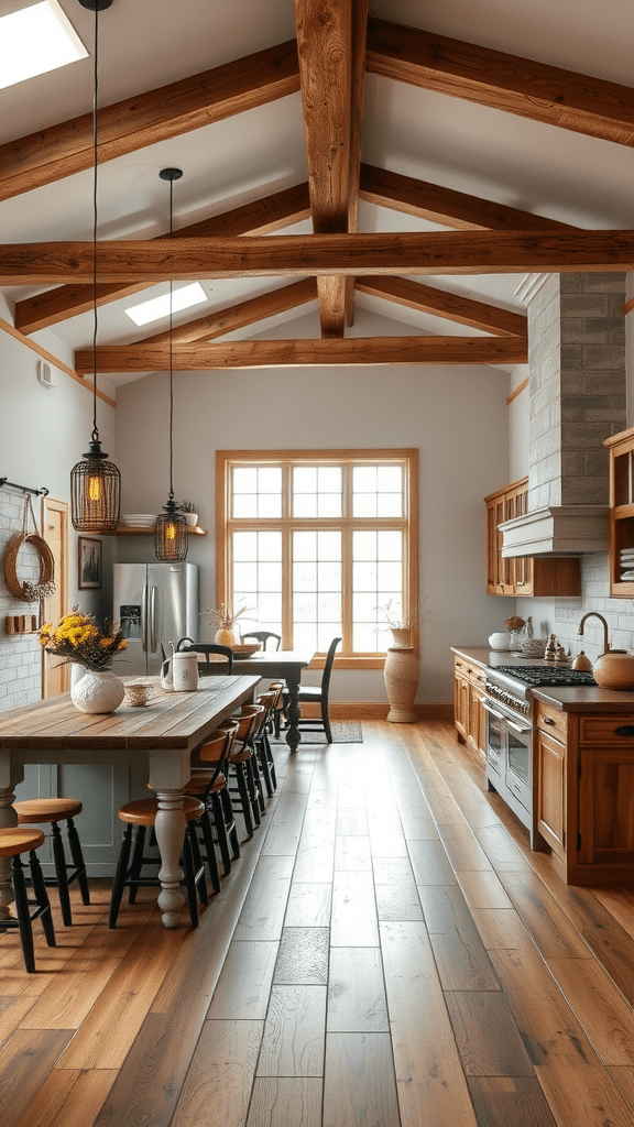 Bright and spacious kitchen with wooden beams, large windows, and a central dining table