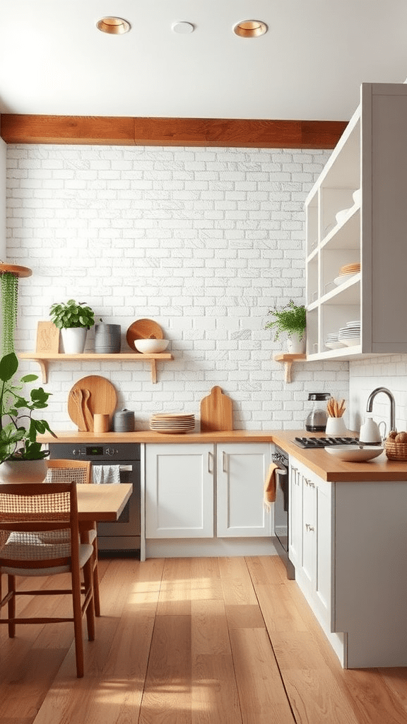 A rustic kitchen featuring ladder-style cabinets with wooden shelves and a cozy dining area.