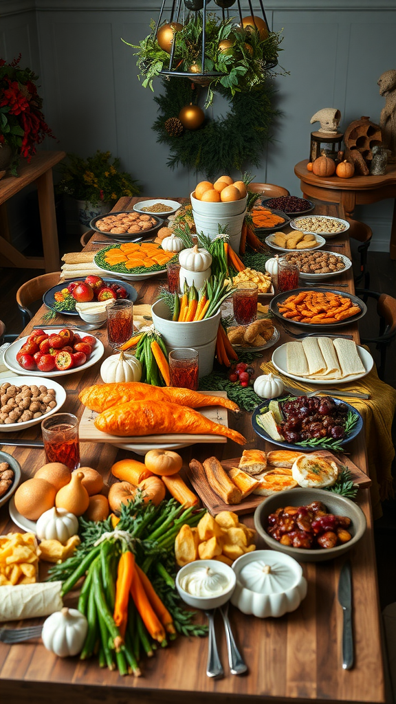 A beautifully arranged table filled with various seasonal dishes, fruits, and festive decorations.