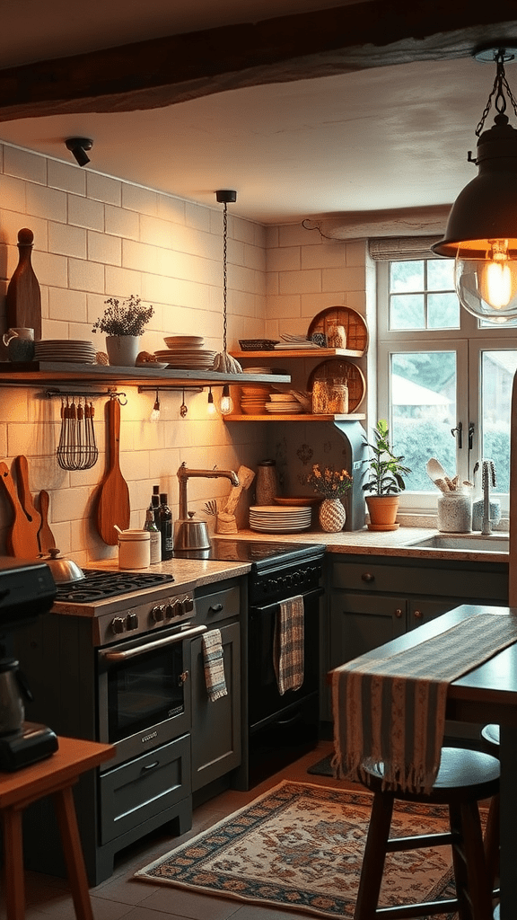 Cozy kitchen with layered lighting effects