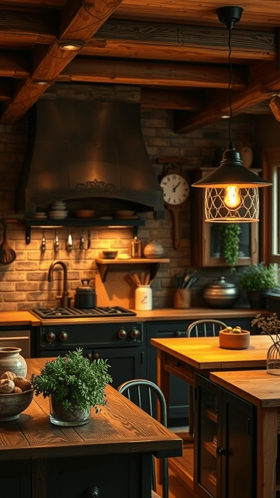 A cozy kitchen with layered lighting featuring a hanging bulb and warm wood elements.