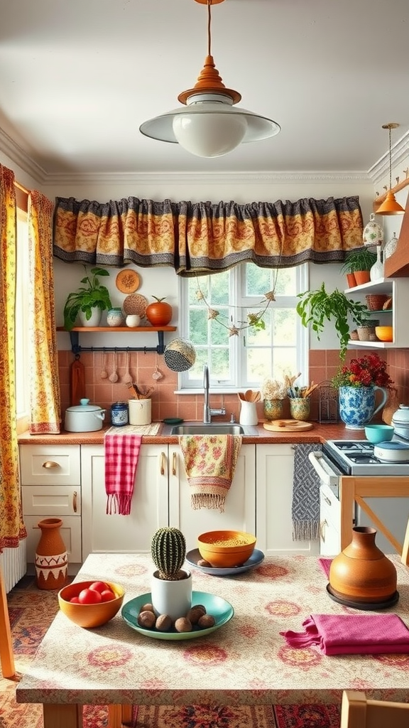 A cozy kitchen with layered textiles, colorful accessories, and plants.