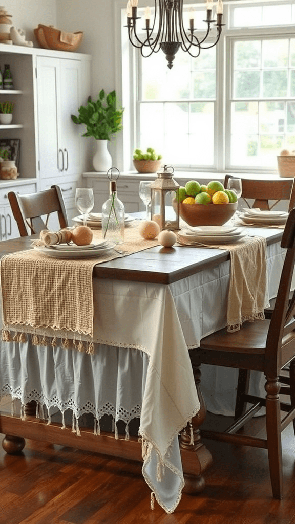 A cozy dining table set with layered textures, featuring tablecloths, natural elements, and dining accessories.