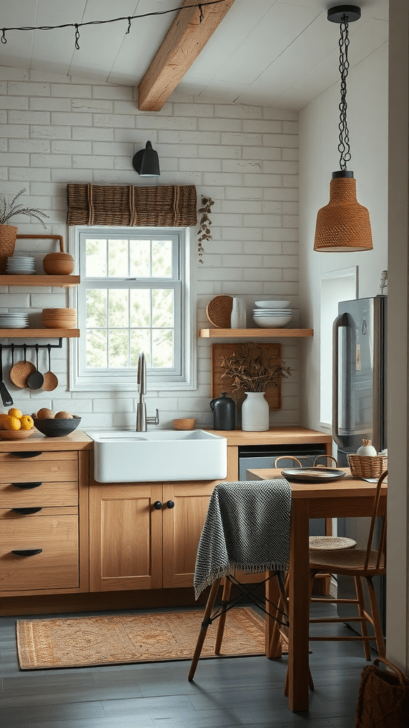 Cozy kitchen with wooden cabinets, woven decor, and soft textiles.