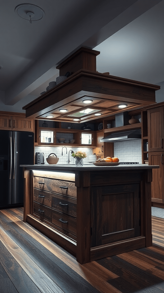 A well-lit kitchen island with LED lighting under the overhang.