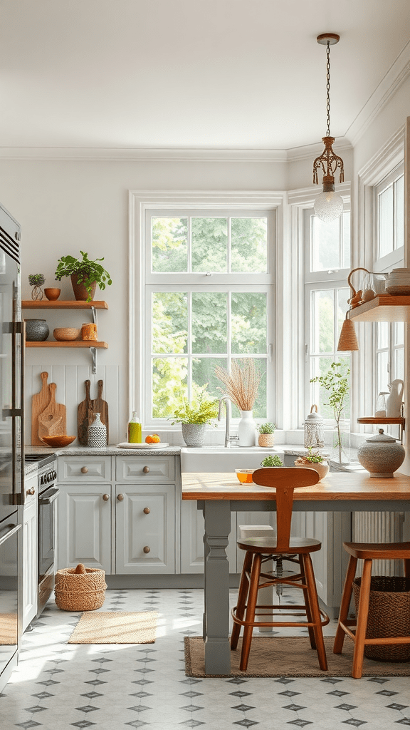 A bright kitchen with large windows, wooden furniture, and plants.