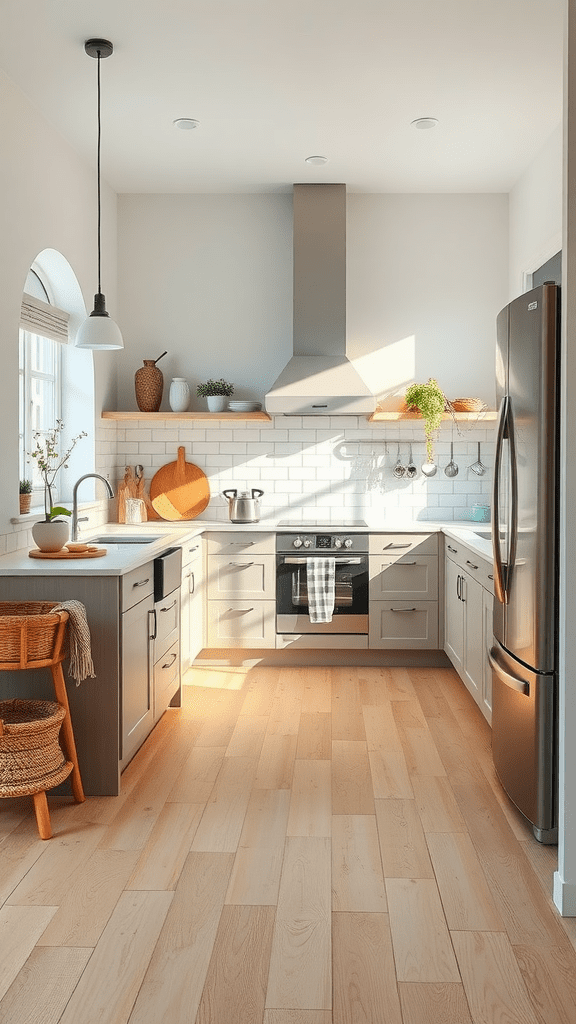 A bright kitchen with light wood flooring, modern cabinets, and plenty of natural light.