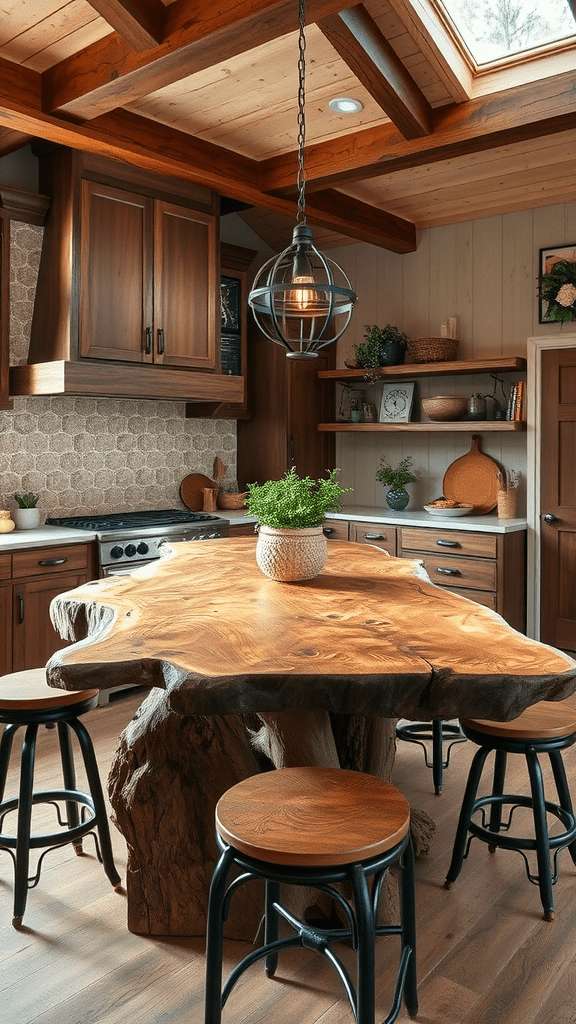 A kitchen featuring a live edge wood slab island with wooden stools and a cozy ambiance.