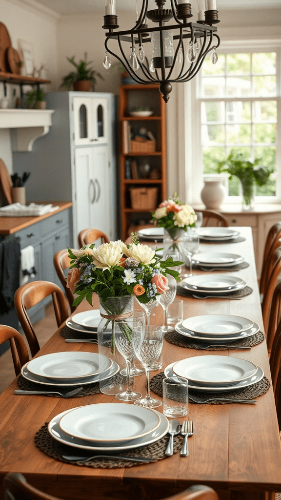 A long family gathering table set with plates, glasses, and a floral centerpiece.