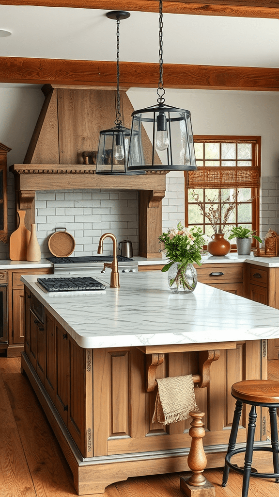 A rustic kitchen island with a marble top, wooden cabinetry, and stylish lighting.