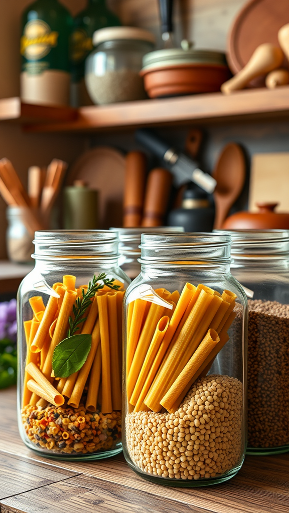 Mason jars filled with pasta and grains on a wooden table, with kitchen utensils in the background.