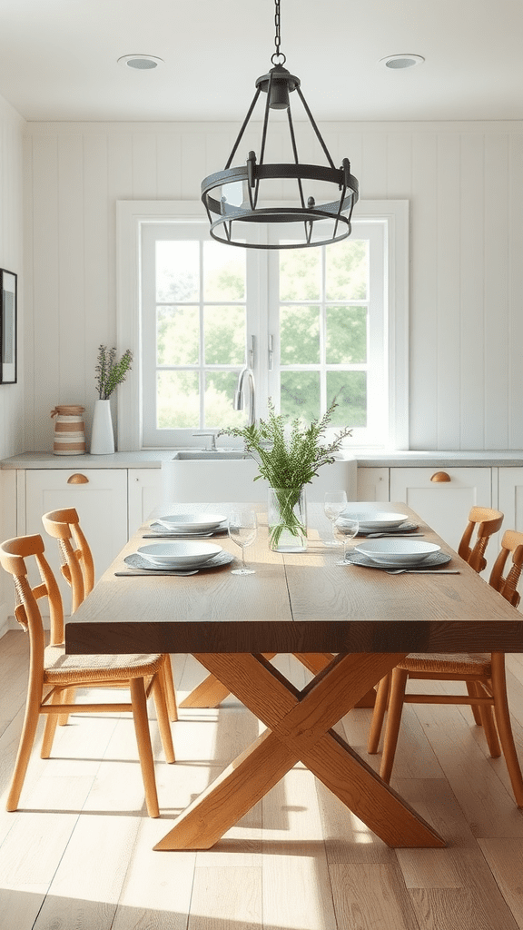 A bright and airy dining space featuring a wooden table, wooden chairs, and a modern chandelier.