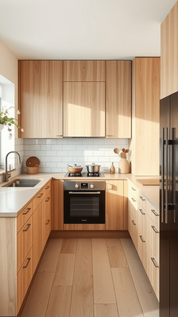 A minimalist kitchen featuring natural wood cabinets, a sleek countertop, and modern appliances.