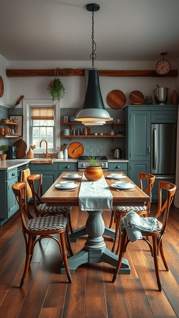 A cozy kitchen with a wooden table and mismatched chairs, showcasing a charming dining setup.