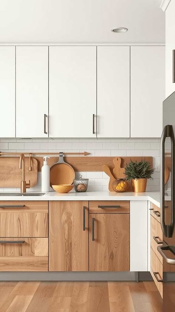 A modern kitchen featuring mixed material cabinetry with wooden and white elements.