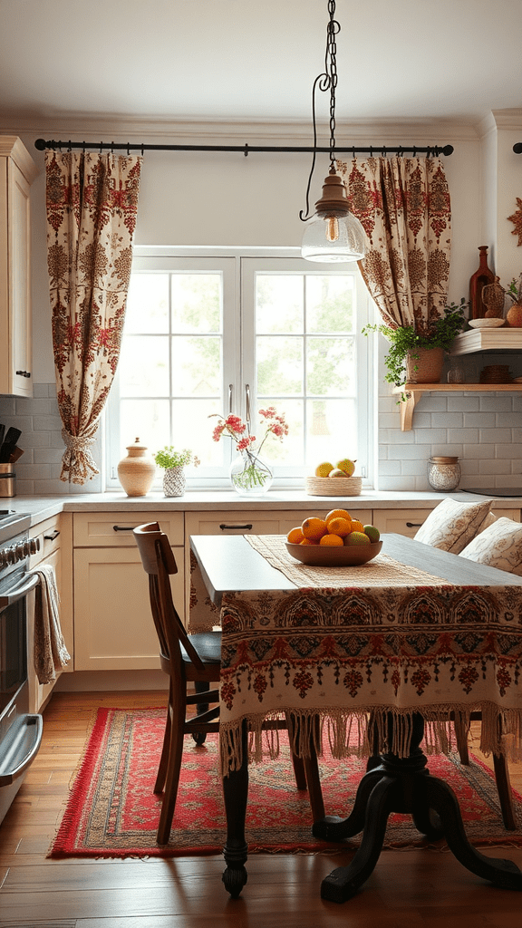 A cozy kitchen featuring mixed patterned curtains and a tablecloth, with a wooden table and fresh fruits.