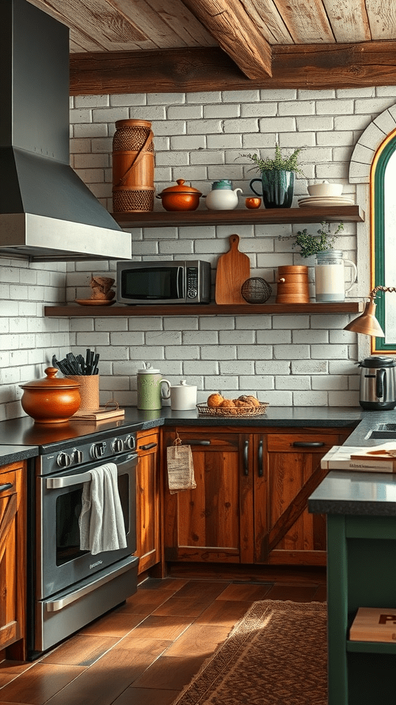 A kitchen featuring modern appliances and rustic wooden shelves with various kitchenware.