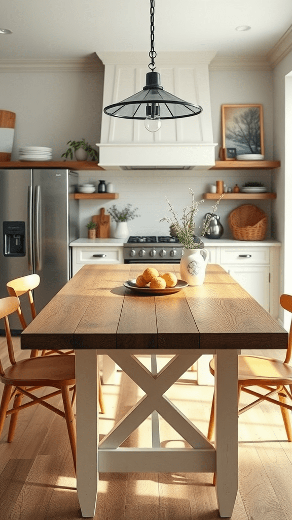 A modern kitchen with a wooden dining table, black pendant light, and warm decor.