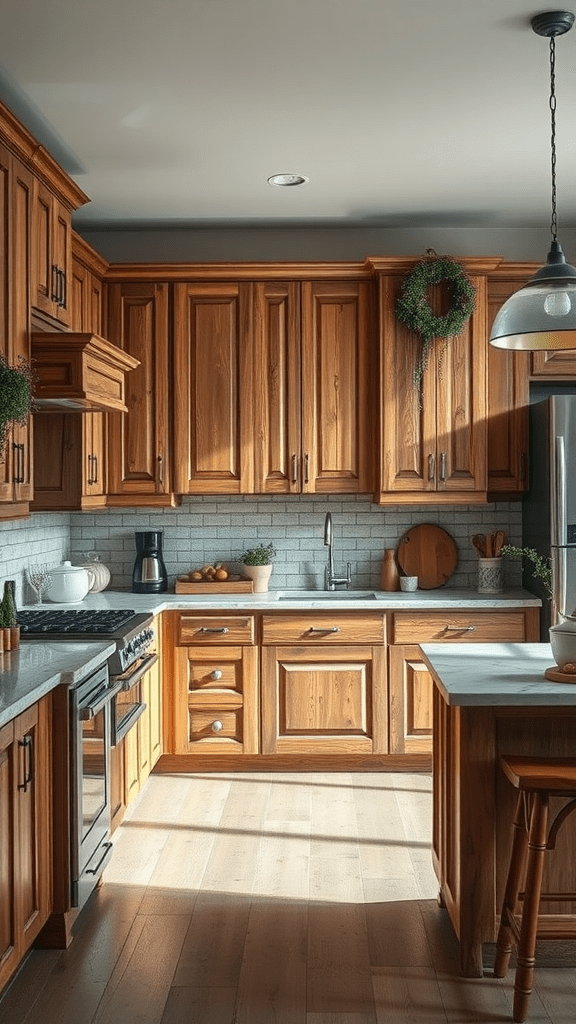 A rustic kitchen with a blend of wooden cabinets and modern appliances.