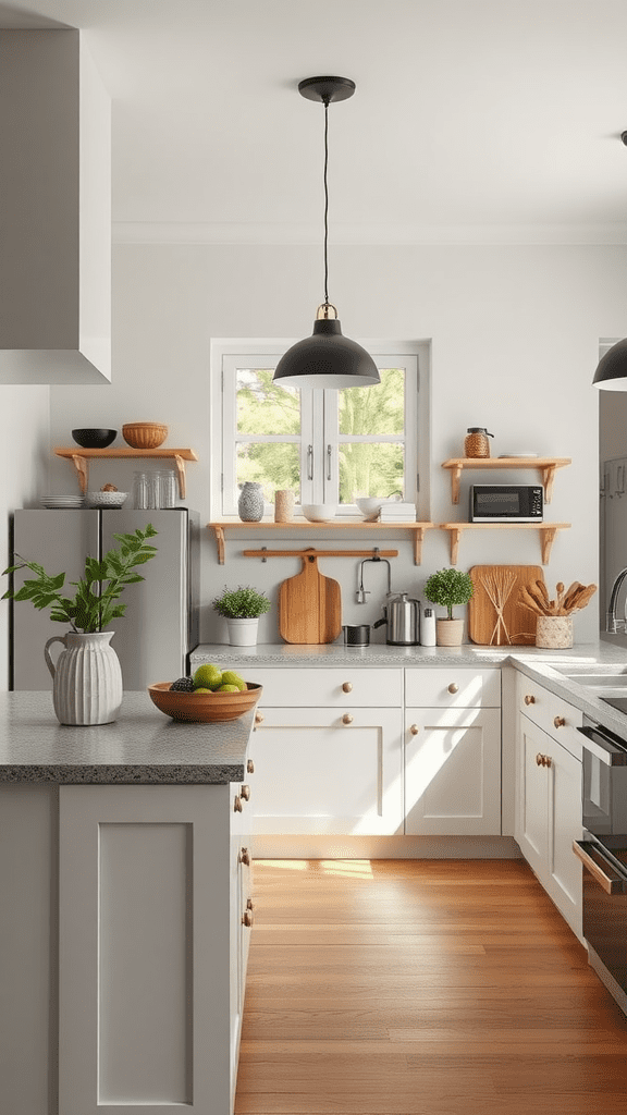 A modern kitchen featuring a mix of sleek appliances and wooden shelves, creating a fresh yet timeless look.