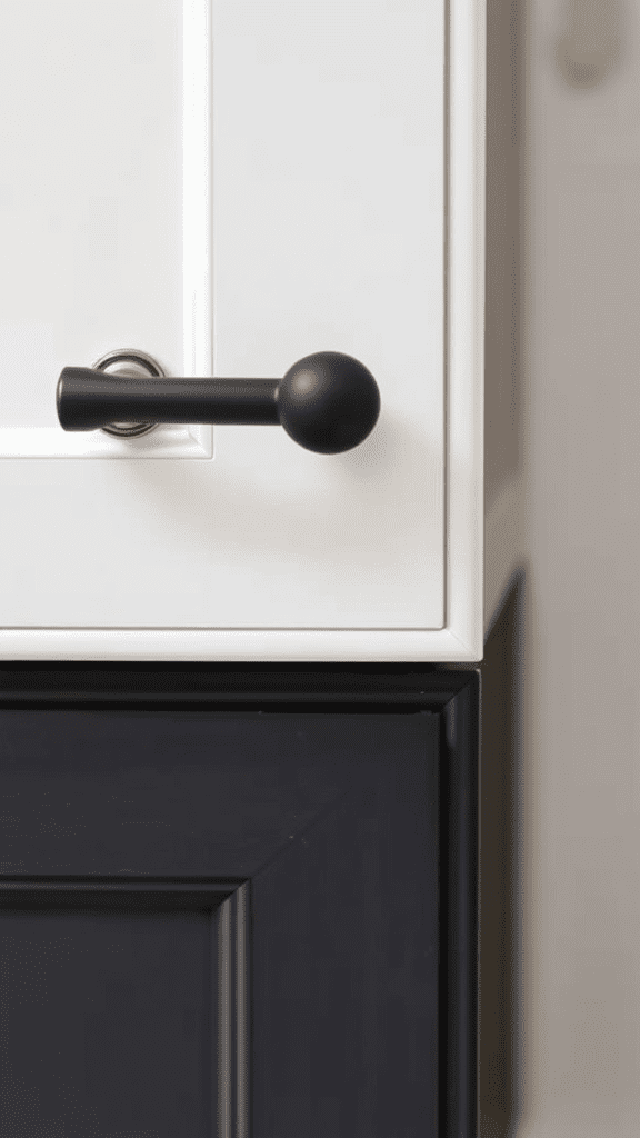 Close-up of modern farmhouse cabinet hardware featuring black and brass handles.