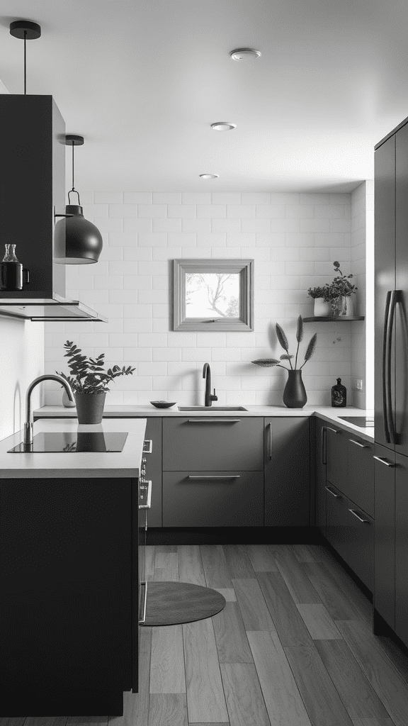 A modern kitchen featuring a monochromatic color scheme with shades of gray and black.