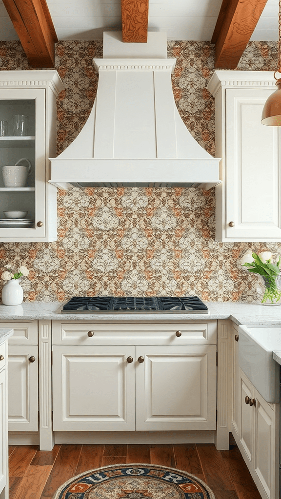 A kitchen with mosaic tile artwork on the wall, featuring a white stove and subtle decor.