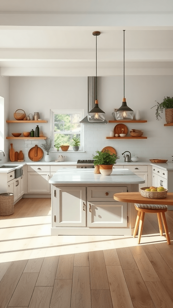 A bright kitchen featuring a multi-functional island with a marble top, wooden accents, and cozy decor.