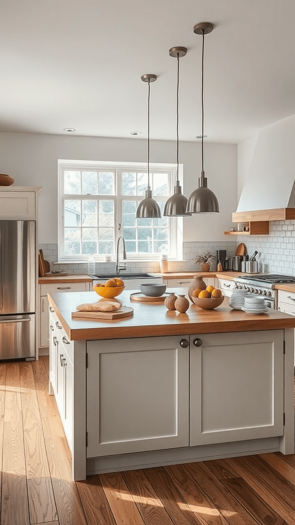 A bright kitchen with a multi-functional island, featuring fresh fruits and bread on the counter.