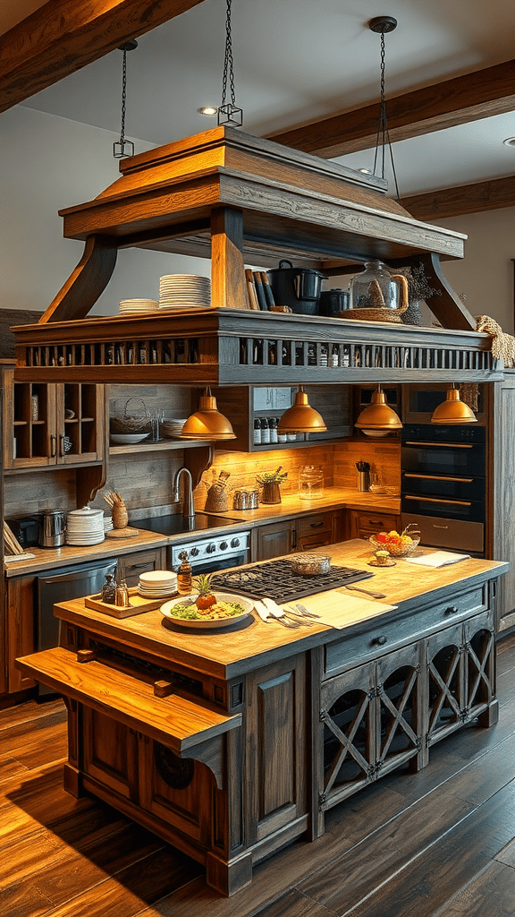 A stylish kitchen with a multi-tiered island featuring wooden accents and modern appliances.