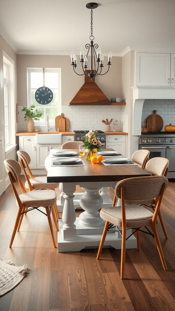 Cozy kitchen with a large table, stylish decor, and practical layout.