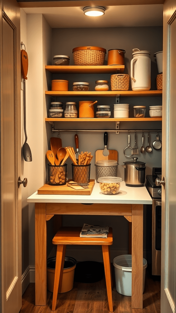 A compact pantry workstation with shelves and a small table, organized with jars, utensils, and other kitchen items.