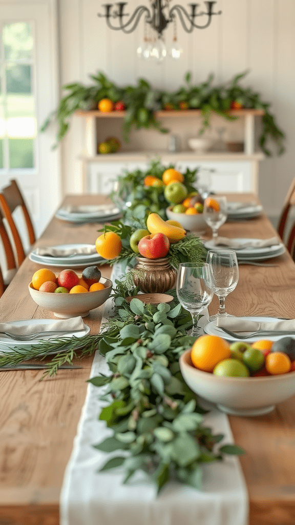 A beautifully arranged dining table featuring fresh fruits and greenery as a centerpiece.