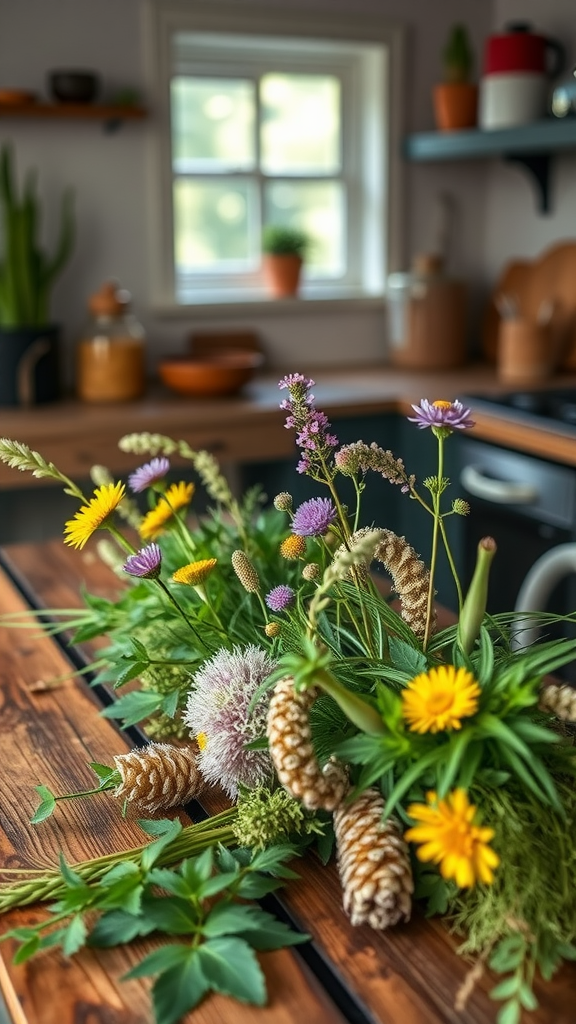 A wooden table adorned with a vibrant arrangement of fresh flowers and greenery.