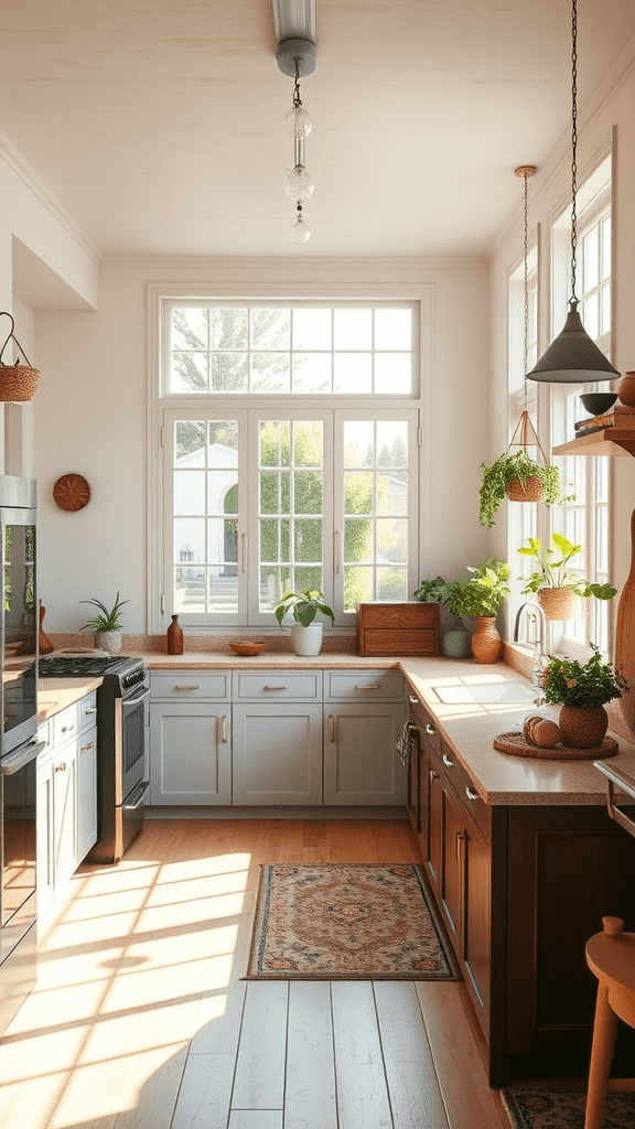 Brightly lit kitchen with large windows and plants