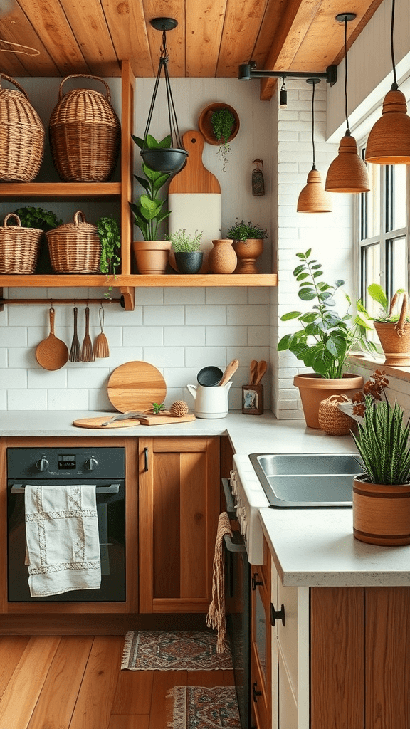 A cozy kitchen featuring wooden shelves, plants, and various natural textures.