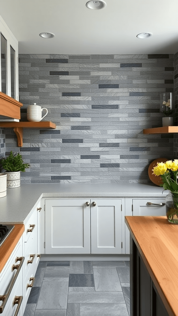 A modern kitchen featuring natural slate wall tiles with a textured finish, complemented by wooden shelves and a light color scheme.