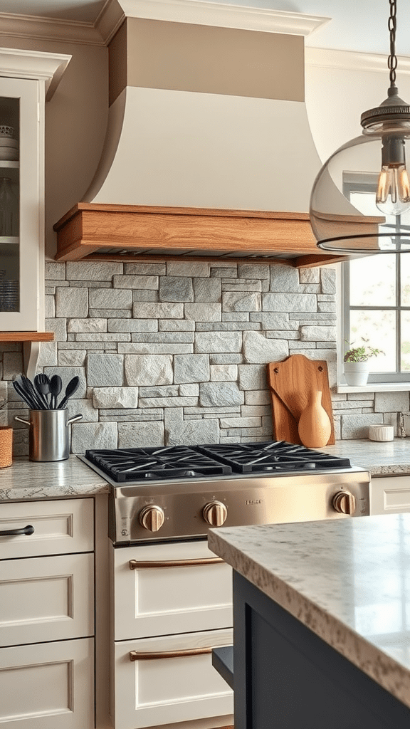 A stylish kitchen featuring natural stone backsplash and modern appliances.